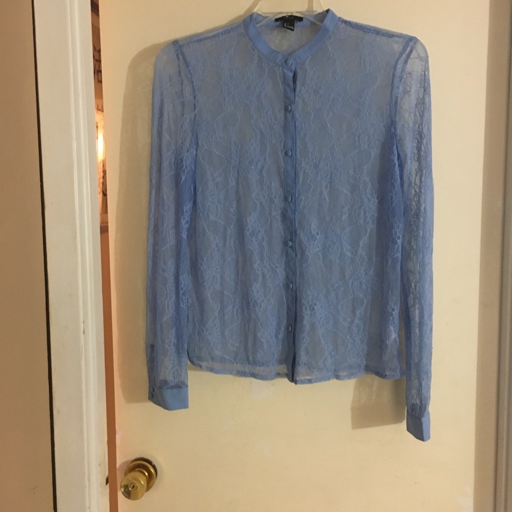 Blue Mesh Long- Sleeve Button Front Blouse Large